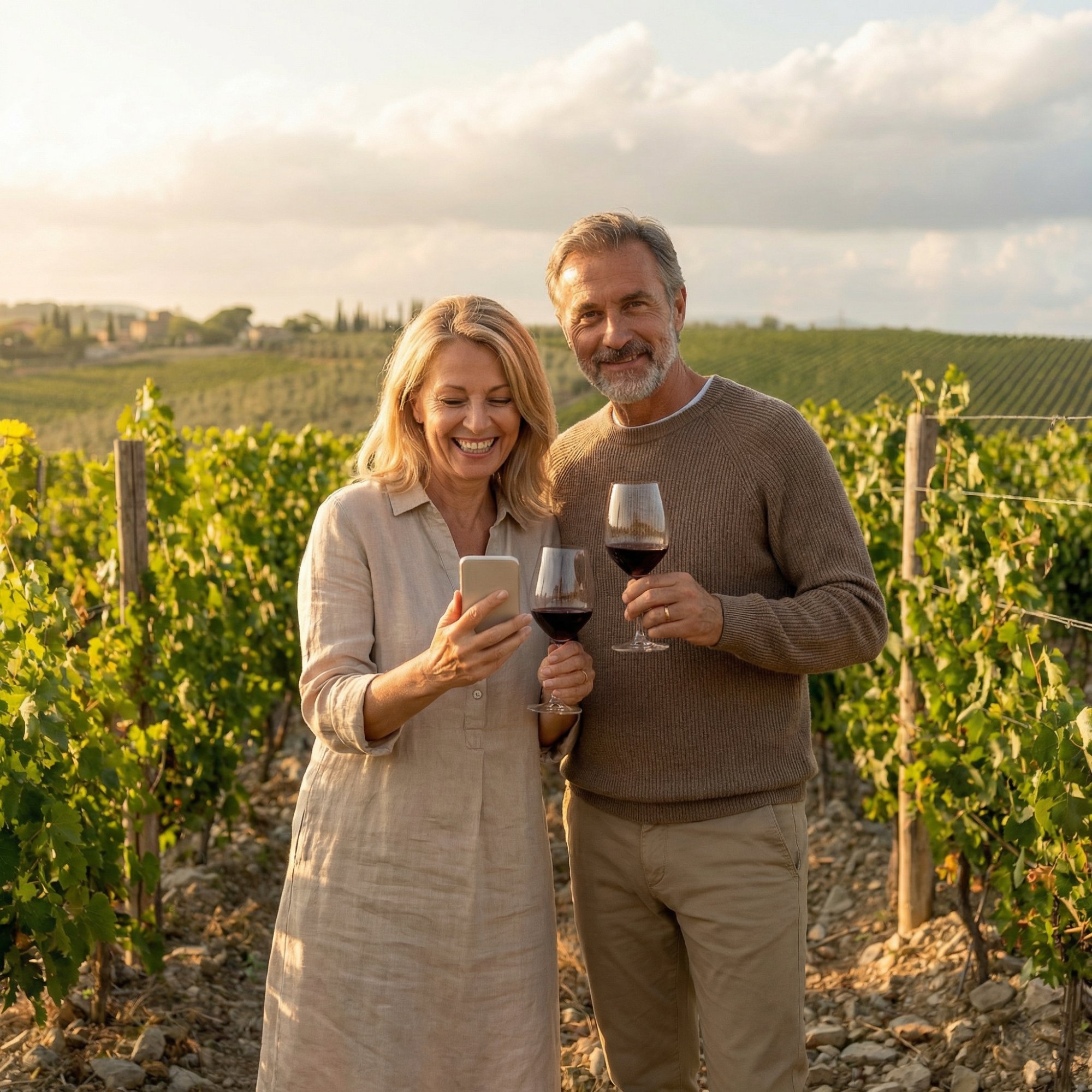Pareja disfrutando del enoturismo en un viñedo